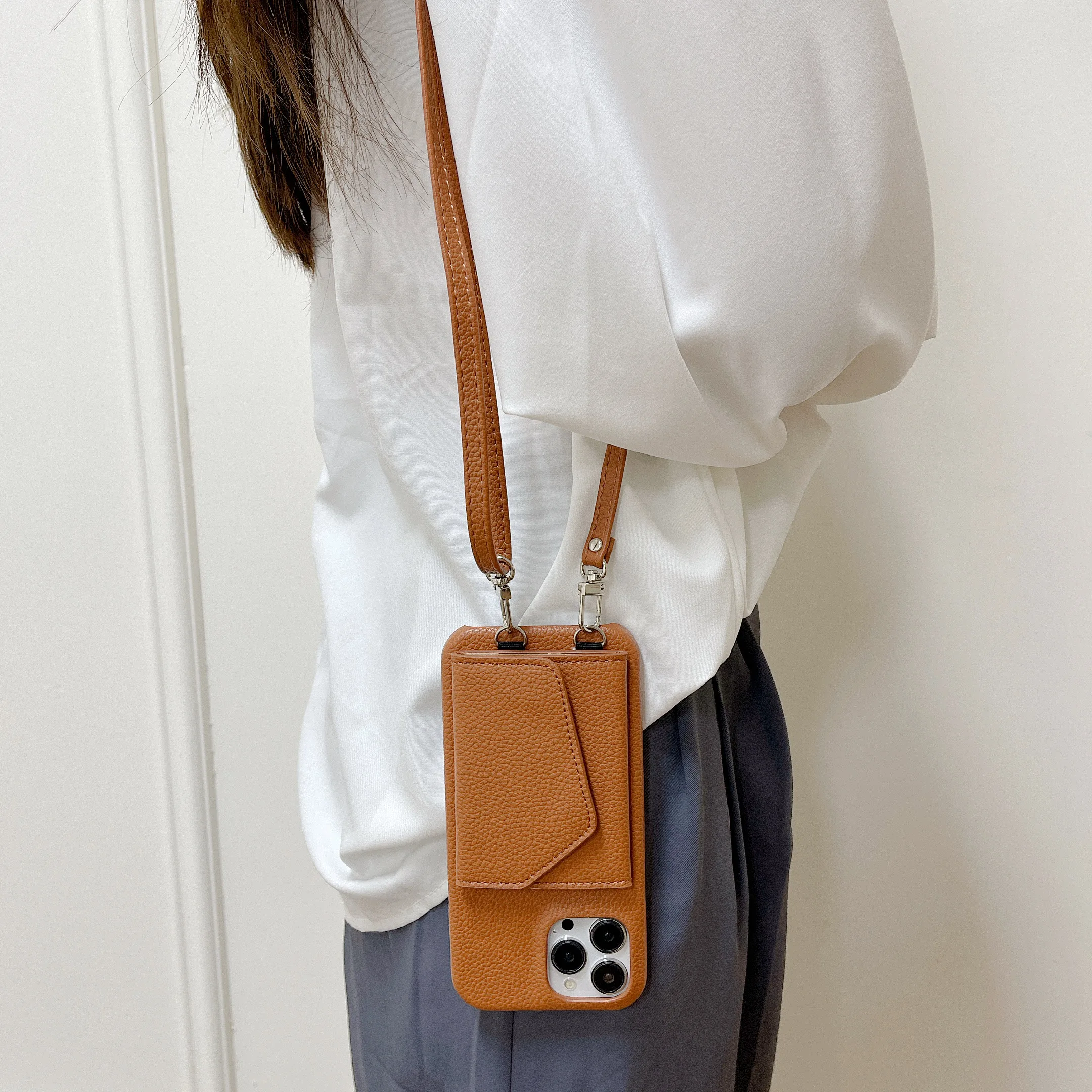 Necklace Lanyard Strap Chain Phone Case For iPhone 13 Pro Max 12 11 14 XS X XR Mini SE 7 8 Plus leather rope Cover Card packa