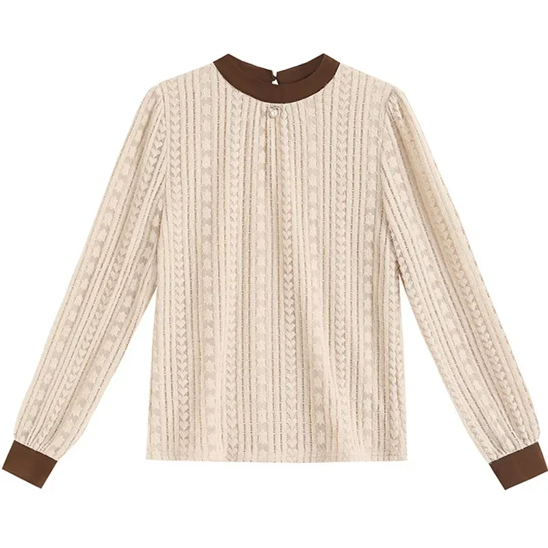 Новая кружевная женская блузка с круглым вырезом длинным рукавом рубашка