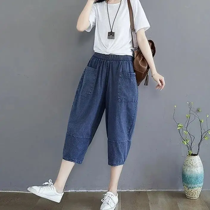 

Summer Ankle-length Harem Jeans Women Casual Elastic High Waist Baggy Harem Denim Pants Vintage Loose Oversize Vaqueros U208