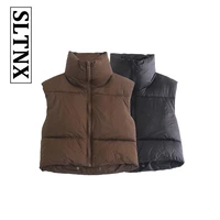 sltnx new womens clothing 2022 casual fashion all match stand collar thickened complex color short cotton zipper vest