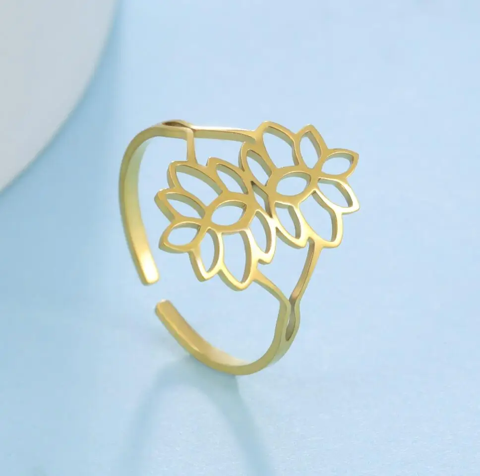 

1PC Double Lotus Flower Open Ring for Women New Fashion Stainless Steel Gold Silver Color Finger Rings Jewelry Wholesale F1249