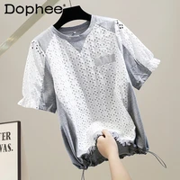 lace t shirt femme exquisite hollow out embroidery irregular color contrast patchwork drawstring short sleeve tee loose top 2022