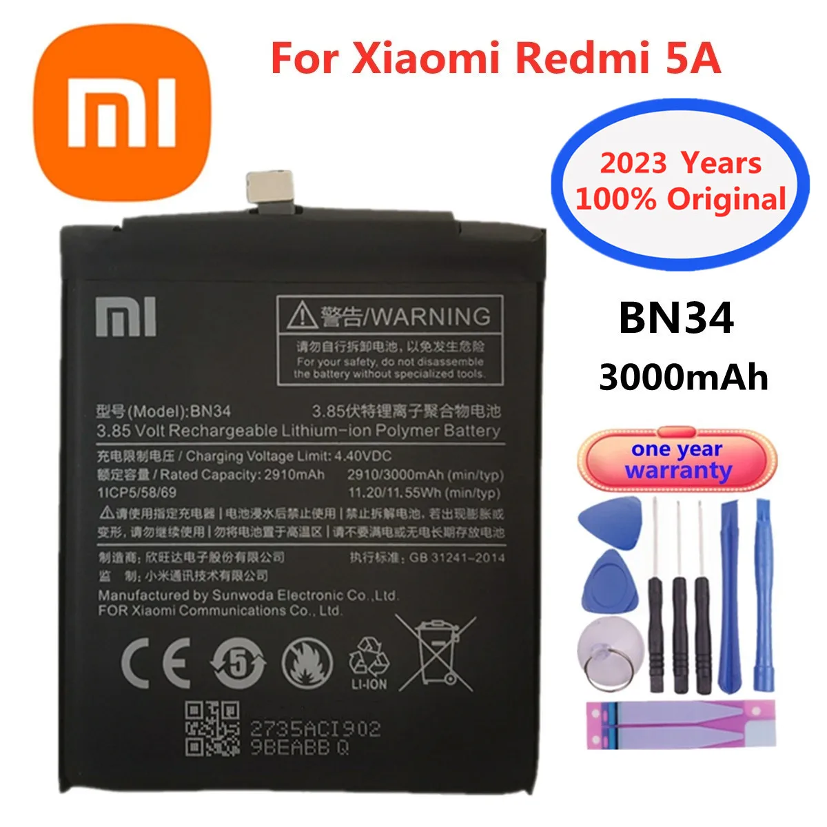 

Аккумуляторная батарея BN34 для XIAOMI Redmi 5A, 2023 мАч, с инструментами
