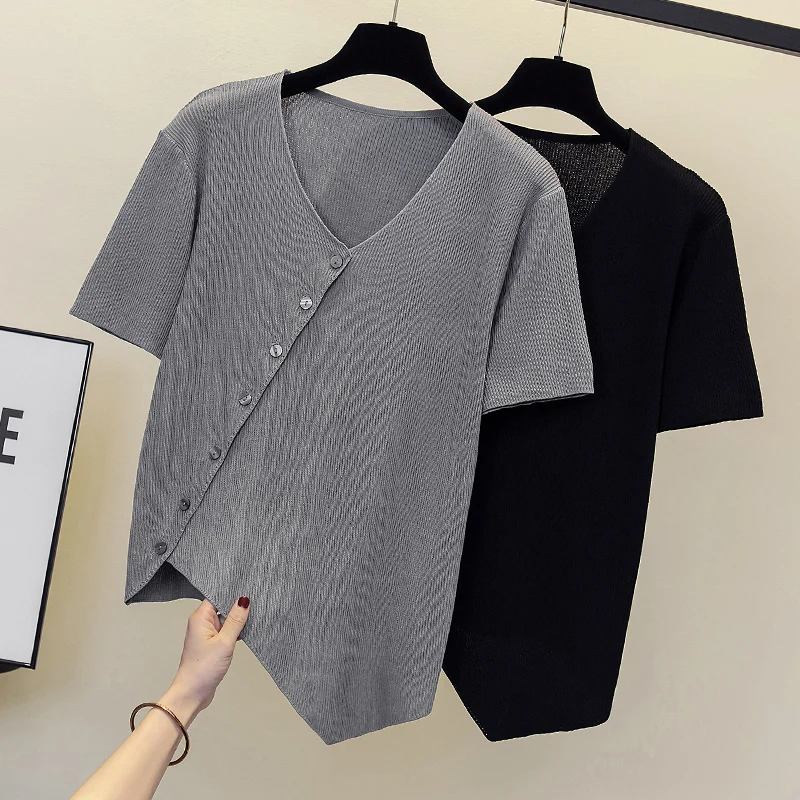 

Oversized Women's clothing Sweater V-Neck Loose Top Fashion solid Short sleeve Female Knitted Pullover Casual Women Sweater