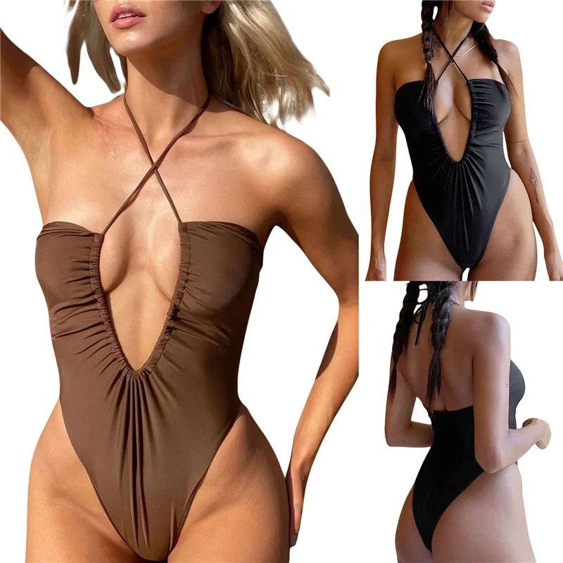 

Women Romper Bathing Suit Solid Color Deep V-Neck Sleeveless Cross Tie-Up Halter Neck Backless Swimsuits Summer Swimwear Bikini