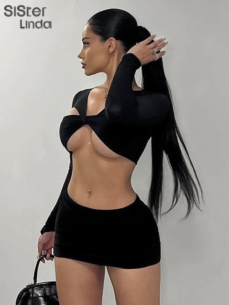 

Женский хипстерский костюм Sisterlinda, комплект из двух предметов, топ без талии с глубоким V-образным вырезом и узкая юбка с высокой талией