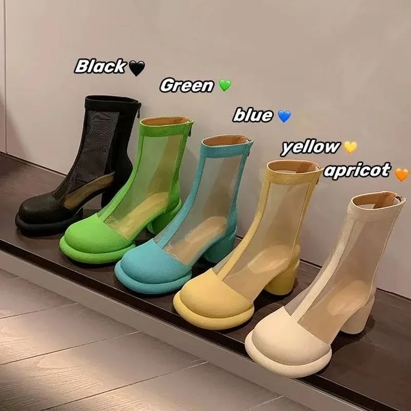 

Summer Fashion Thick Heels Breathable Mesh High Platform Ankle Shoes Ladies Sole Hollow Casual Sandals Boots Chunky