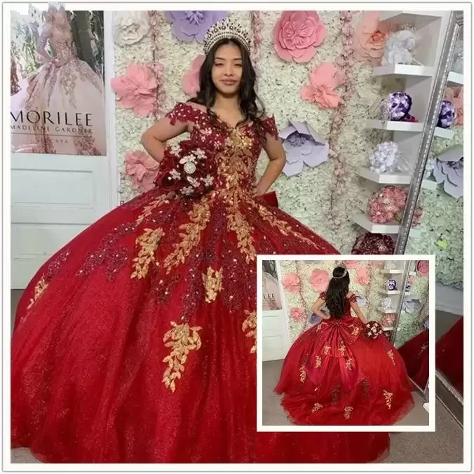 

ANGELSBRIDEP Red Quinceanera Dresses With Gold Appliqued Sequined Sweet 16 Elegant Off Shoulder Corset Prom Party Princess Gowns