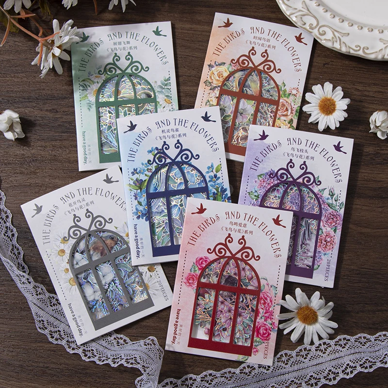 

30Pcs Laser Silver Stickers Birds ledger Flowers Series Flowers Handbook Material Pack Supplies Scrapbooking 128*75MM