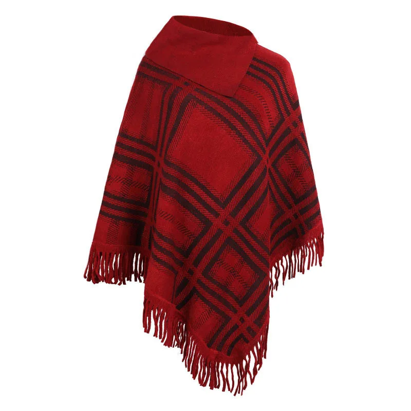 

Spring Autumn High Collar Knitted Shawl Women's Warm Tassel lattice Imitation Cashmere Poncho Lady Capes Red Cloaks