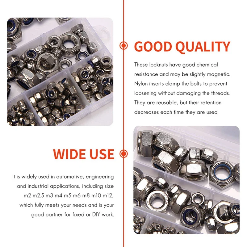Нейлоновая стопорная гайка из нержавеющей стали M2 M2.5 M3 M4 M5 M6 M8 M10 M12 Ассортимент