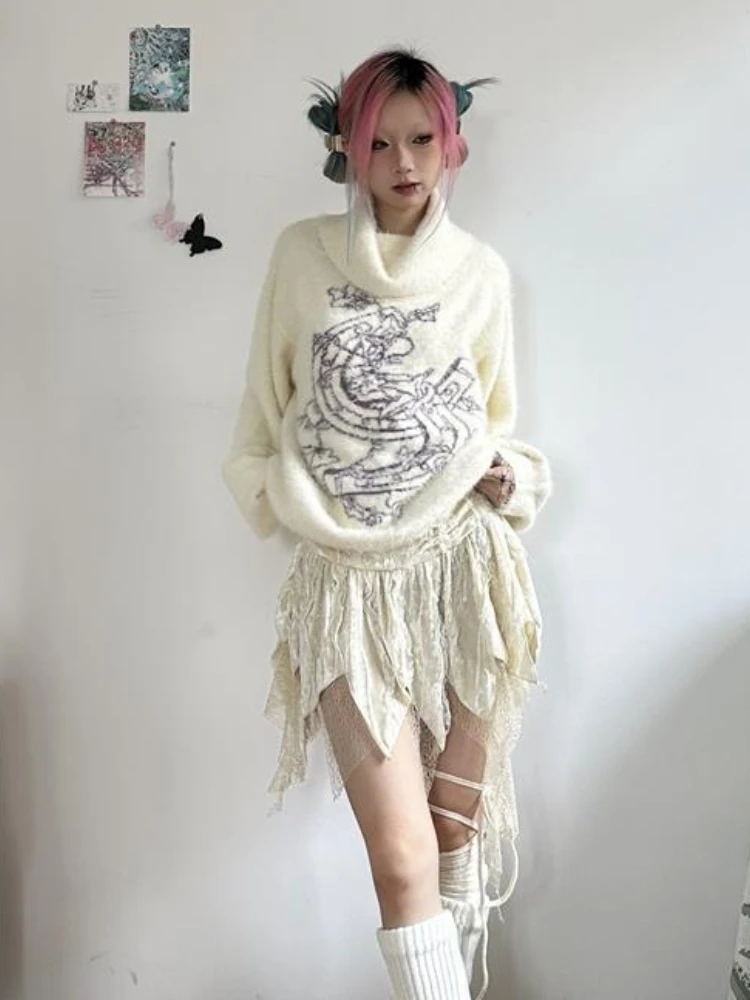 Женский свитер в стиле преппи Y2k жаккардовые пуловеры с высоким воротником