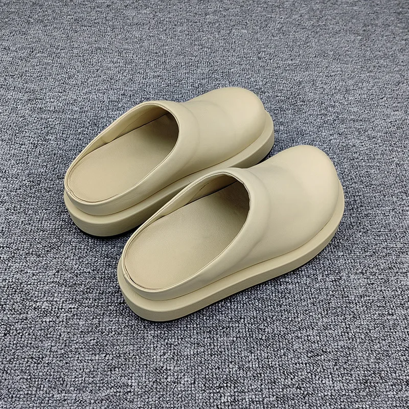Closed Toe Half Slippers Women's Outer Wear Summer New Genuine Leather Sandals Thick Bottom Big Head Ugly and Cute Lazy Shoes