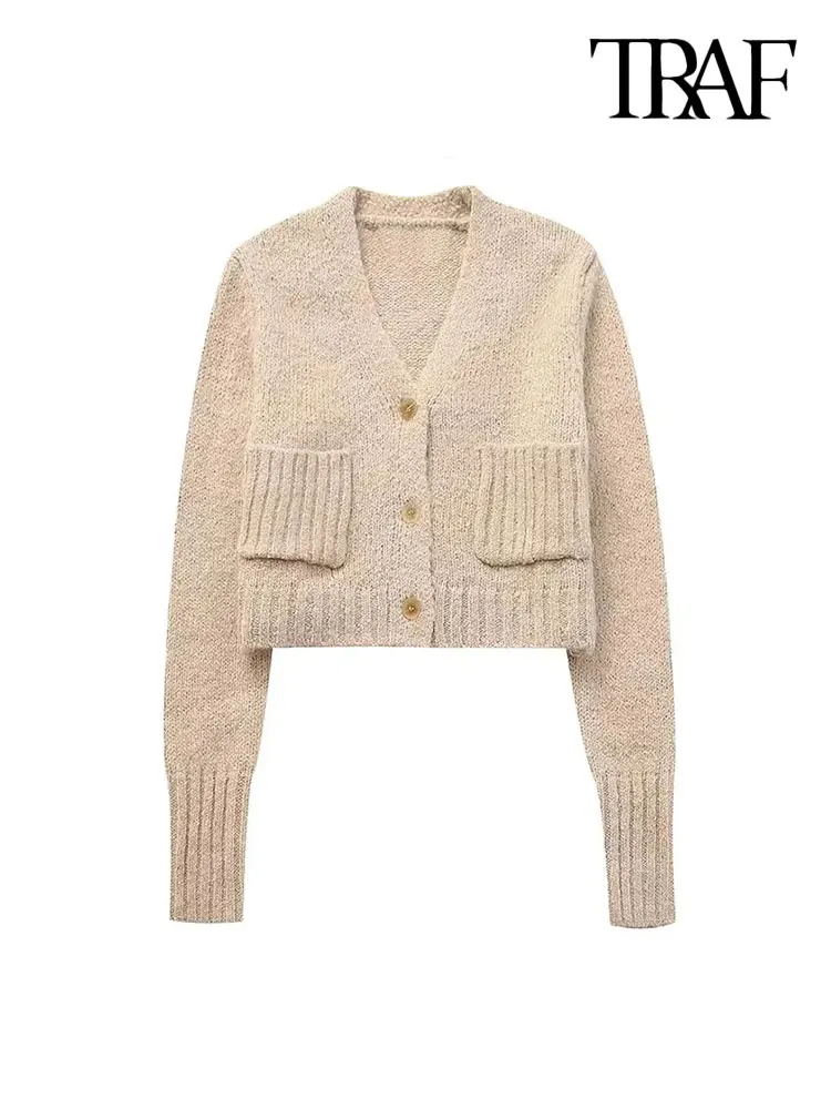 

Кардиган женский укороченный вязаный с длинным рукавом и передними карманами