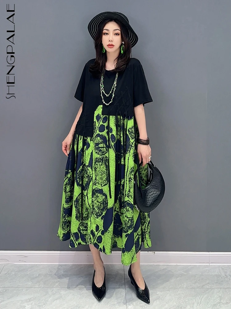 SHENGPALAE Korean Casual Colorblock O-neck Dress Elegant Chic Printing Robe Vestido For Women's 2023 Summer New Clothing 5R3061