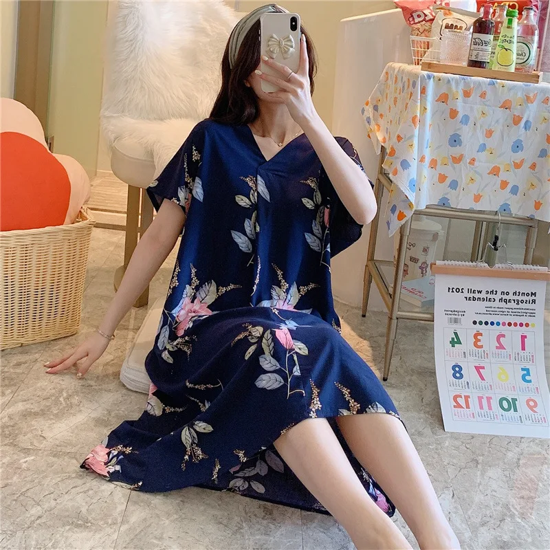 Cotton Silk Nightdress Ladies Summer New Short-sleeved Cartoon Printing Pajamas Korean Version Loose Home Service