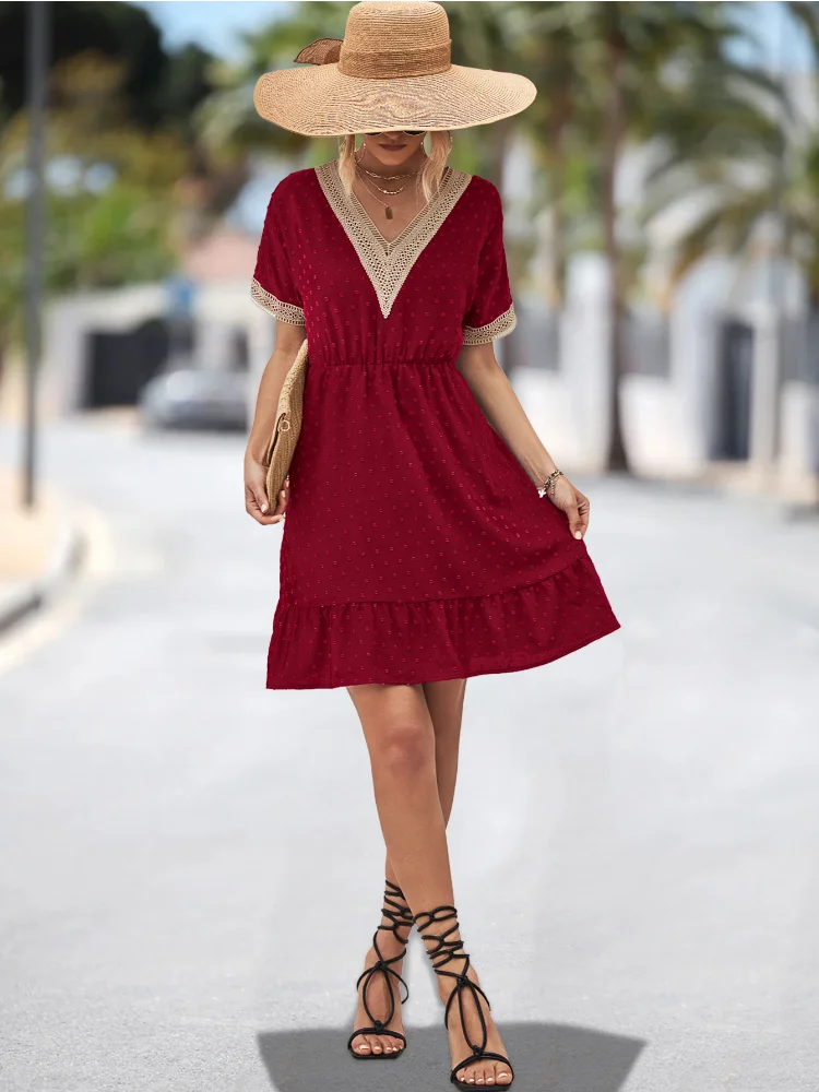 

Birthday Dress for Women Lace V-neck Jacquard Dot Summer Dress Elegant Women Clothing Streetwear Sweet Fresh Dresses for Women