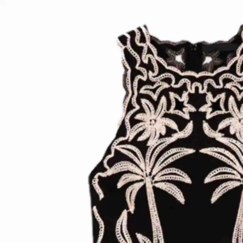 Black Wavy Edge Embroidery Sleeveless Round Neck Hollow A-line Dress Women 2023 Summer