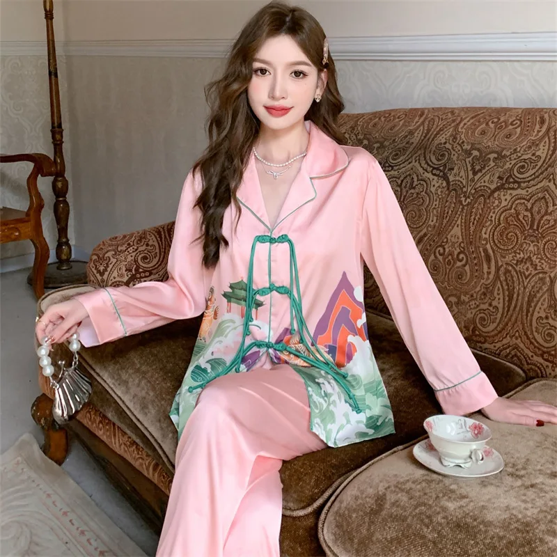 [Rich Family Qianjin] 2023 Spring/Summer New Sleepwear Women's Ice and Snow Silk Printed Long Sleeve Pants Home Fury