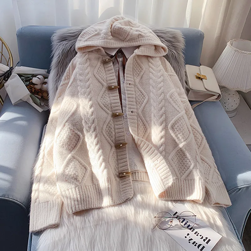 Японский свитер с капюшоном и пряжкой в стиле ретро женский свободный верхний