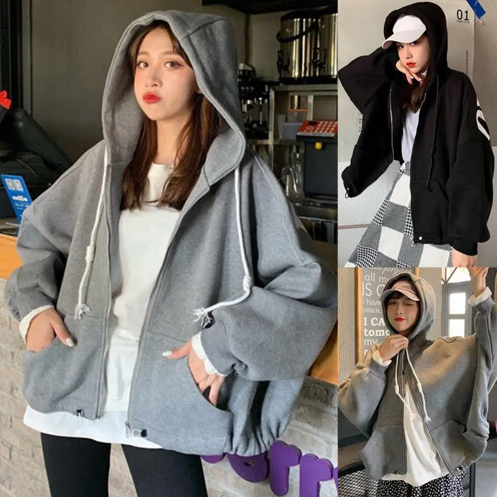 

Coat Long Women Batwing Sleeve Hoodie Autumn Loose Letters Print Plush Zipper