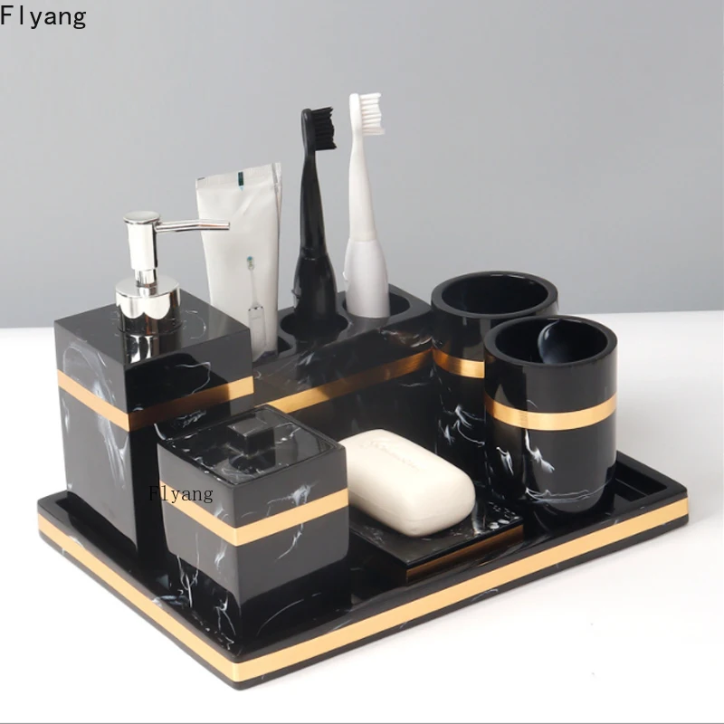 resin bathroom set five piece set tray toothbrush holder tissue box dispenser marble texture golden stroke toiletries organizer free global shipping