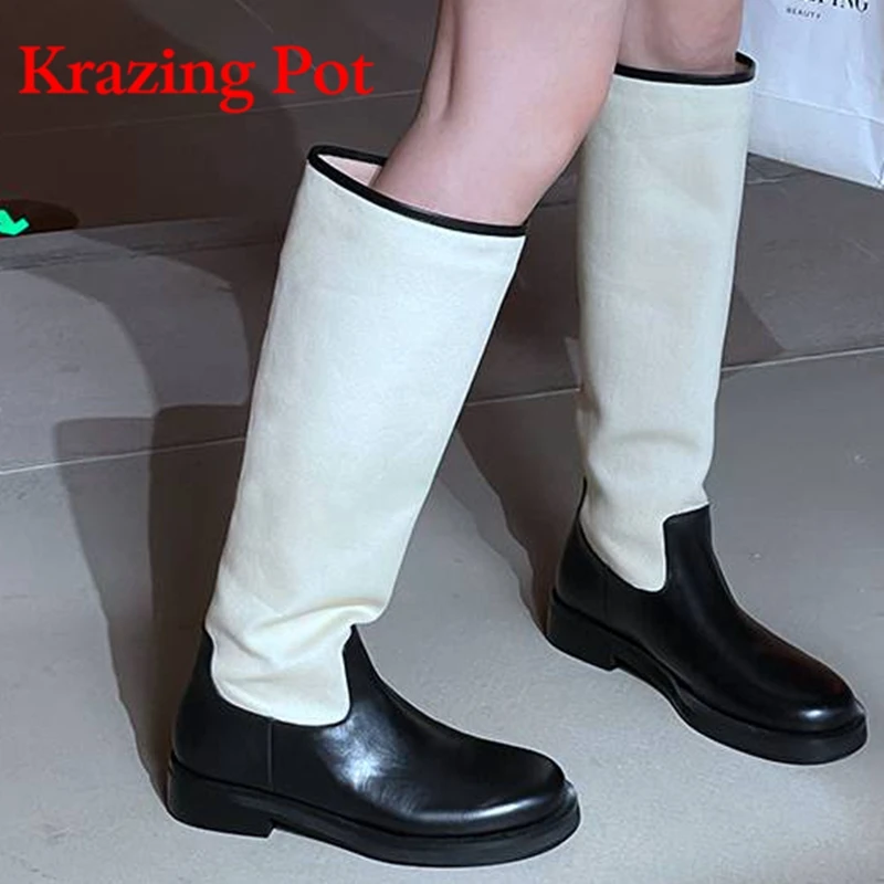 

Сапоги Krazing Pot из бычьей кожи с круглым носком, уличная одежда на среднем каблуке, смешанные цвета, сапоги до бедра без застежки в стиле онлай...