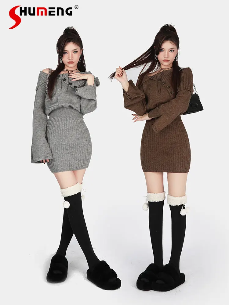 

Оригинальное шерстяное платье с асимметричным отворотом и открытыми плечами, новинка зимы 2023, милое женское трикотажное платье с диагональным воротником и талией на бедрах