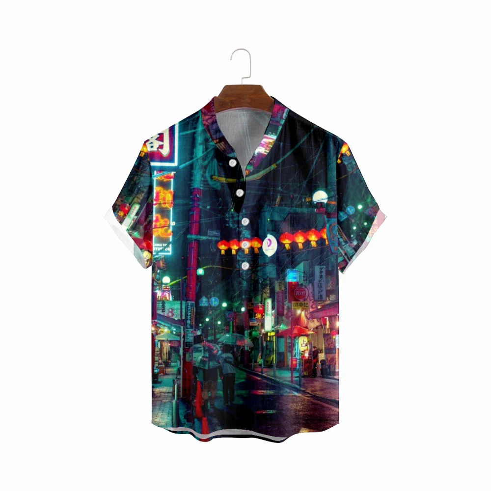 

Мужские и женские Гавайские рубашки, японские уличные рекламные щиты с принтом фонариков, мужские рубашки с коротким рукавом, Повседневная ...