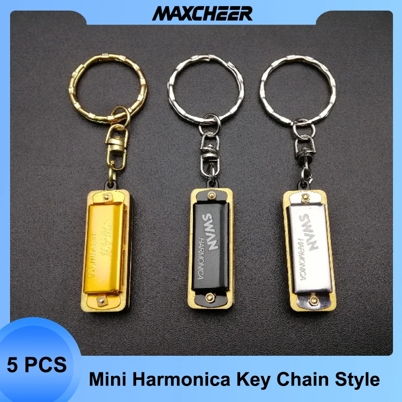 

5Pcs Swan Mini Harmonica 4 Holes 8 Tones Harmonica Mouth Organ Key Chain Style Gold Silver Black