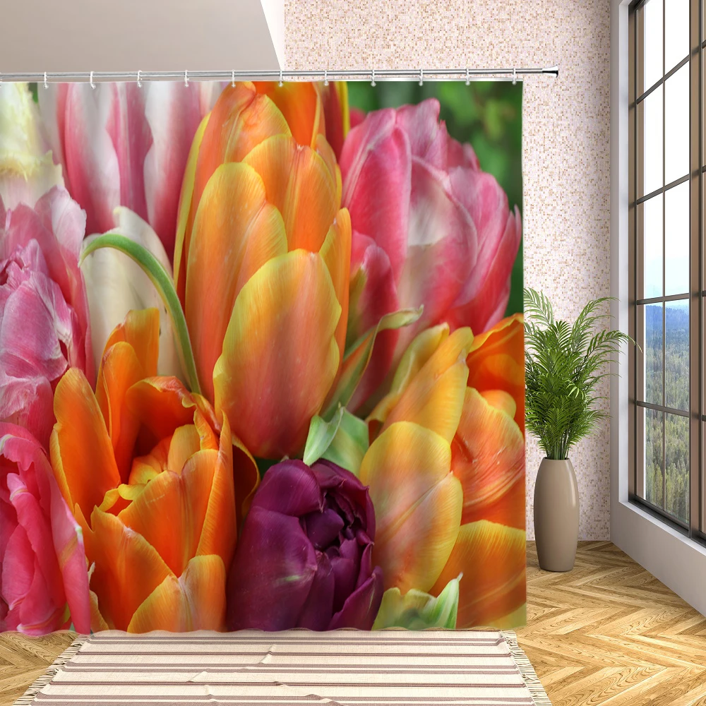 

Spring Watercolor Tulip Flower Shower CurtainFloral Green Garden Scenery Waterproof Polyester Fabric Bathroom Decor With Hooks