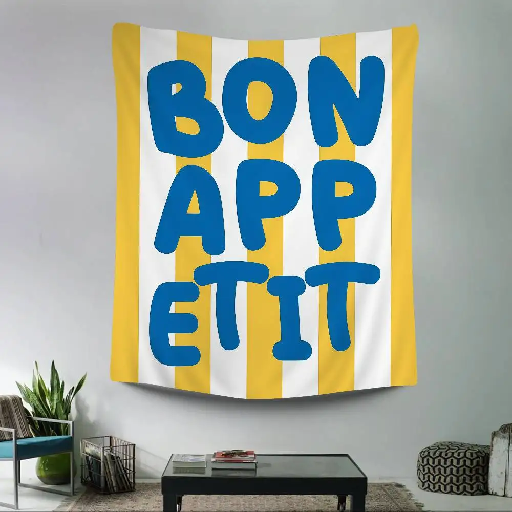 Фото Бон Appetit полосатый французский цитата красочный гобелен настенный богемный настенный гобелен Мандала настенные листы №2