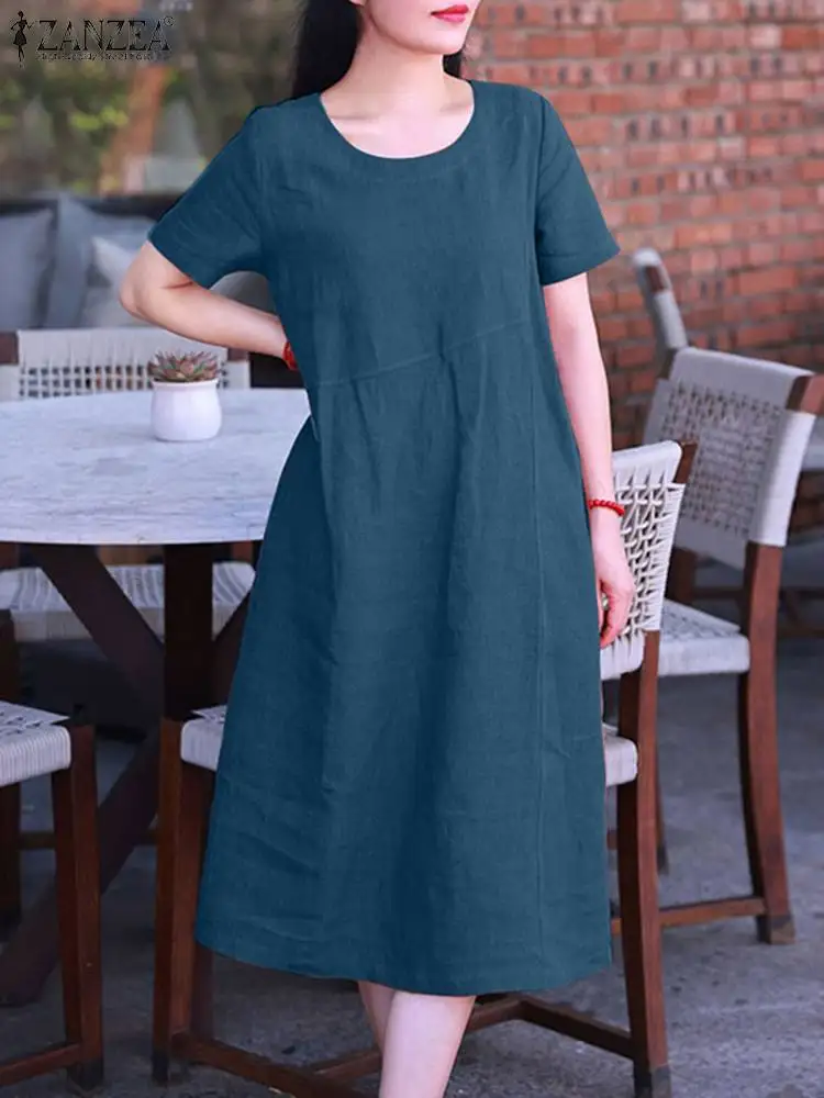

2023 ZANZEA Women Vintage Dress Summer O Neck Short Sleeve Mid-calf Sundress Casual Solid Cotton Vestidos Beach Party Robe Femme