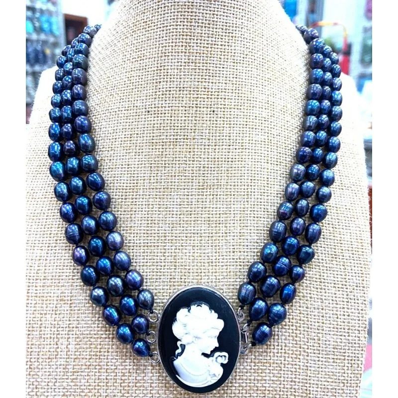 

New 3 Rows 7x9mm Natural Black Baroque South Sea rice Pearl Necklace 17-18-19"