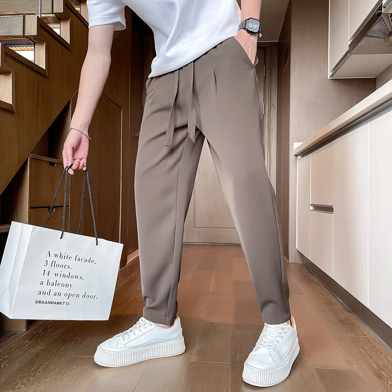

Privathinker 2023 Summer Thin Men Cropped Pants Casual Large Drawstring Suit Trousers Solid Color Korean Style Male Bottoms