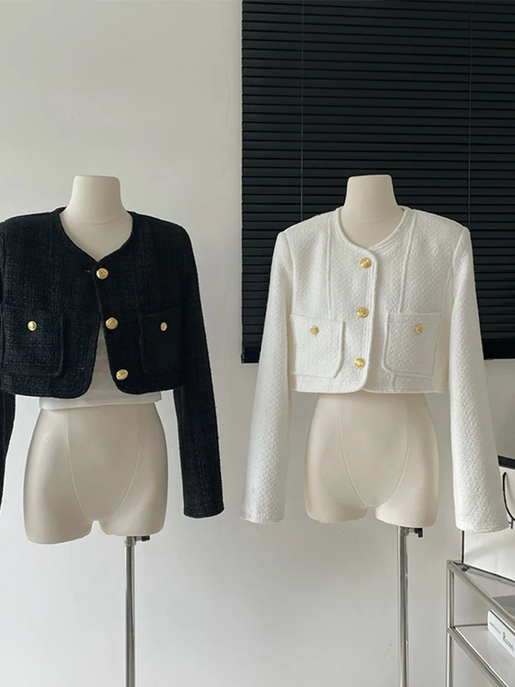 2022 Women Autumn Winter New Crew-neck Solid Color Crop Outerwear Baggy Long Sleeve Classic Vintage Button Short Jacket Coat