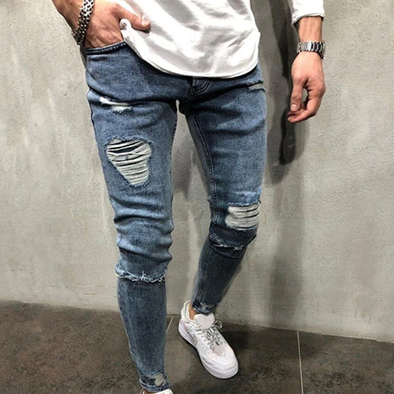 

Skinny Jeans men Streetwear Destroyed Ripped Jeans Blue Homme Hip Hop Broken male Pencil Biker Fashion Patch Pants Clothing