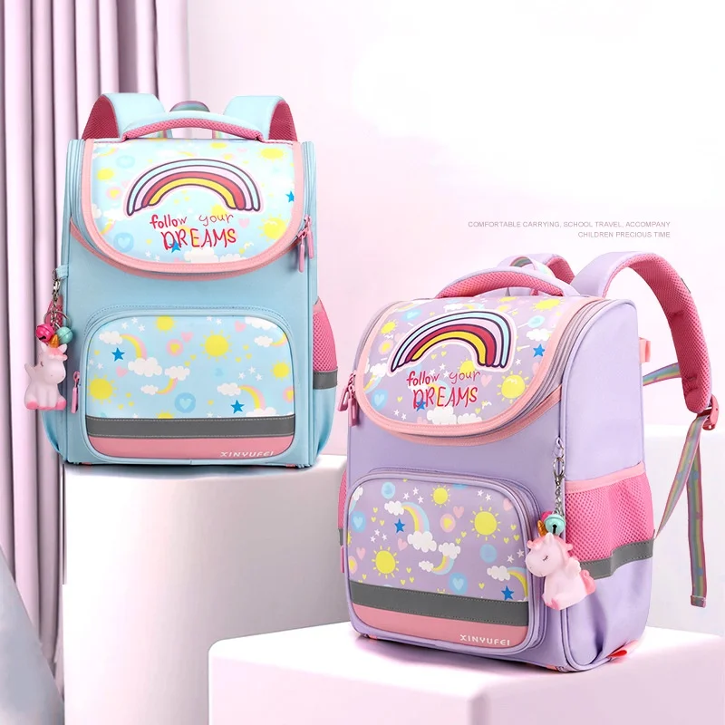 Lovely Girls Princess Rainbow Fashion Large Backpacks New Children Boys Students Grades 1-3 Schoolbags with Unicorn Pendant Hot
