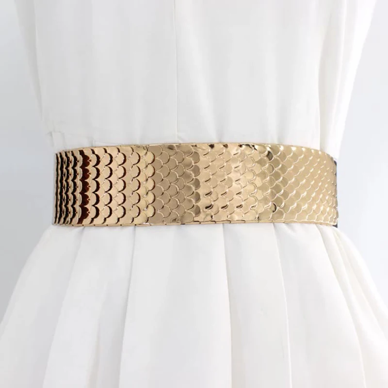 

Metal Fish Scale Pattern Waist Belt Gold Silver Wide Elastic Belt Sequin Shiny Cummerbund Slim Fit Corset Decoration Waistbands