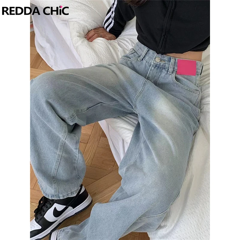 

Женские джинсы ReddaChic Y2k с высокой талией, Мешковатые повседневные брюки, розовые спортивные брюки с ярлыком, джинсовые брюки, корейская мода,...