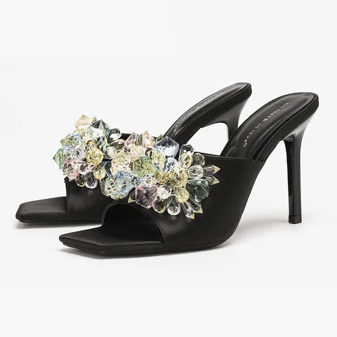 Красочные тапочки на высоком каблуке, украшенные стразами, женские модные сандалии на шпильке с квадратным носком, пикантные вечерние модельные туфли с открытым носком