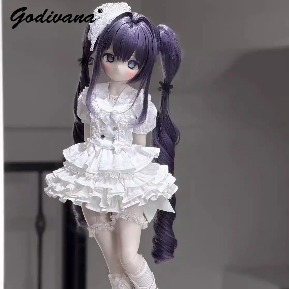 Фото Темный готический костюм для куклы Лолиты 1/4 BJD MDD: черное кружевное платье принцессы с рюшами, комплект с повязкой на голову и подвязками на бедрах №3