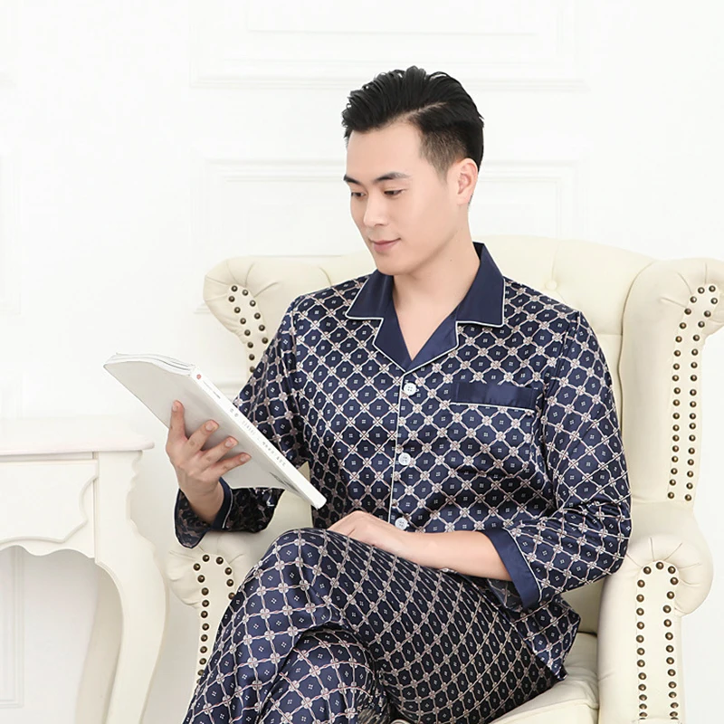 Super Successful Men's Pajamas Sets Silk Long-sleeved Sleepwear Ice Silk Plus Size Home Clothing Pyjamas Suit Home Wear