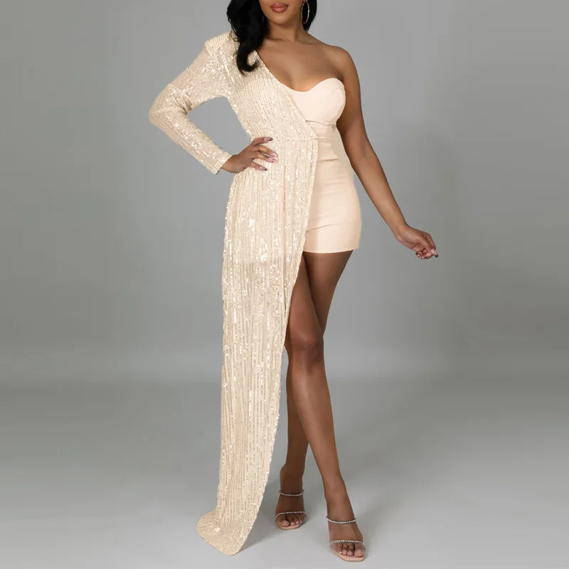 

Fashion Chic Mesh Sequin Patchwork Party Jumpsuit Sexy One Shoulder See Through Long Sleeve Rompers Women Solid Short Playsuits