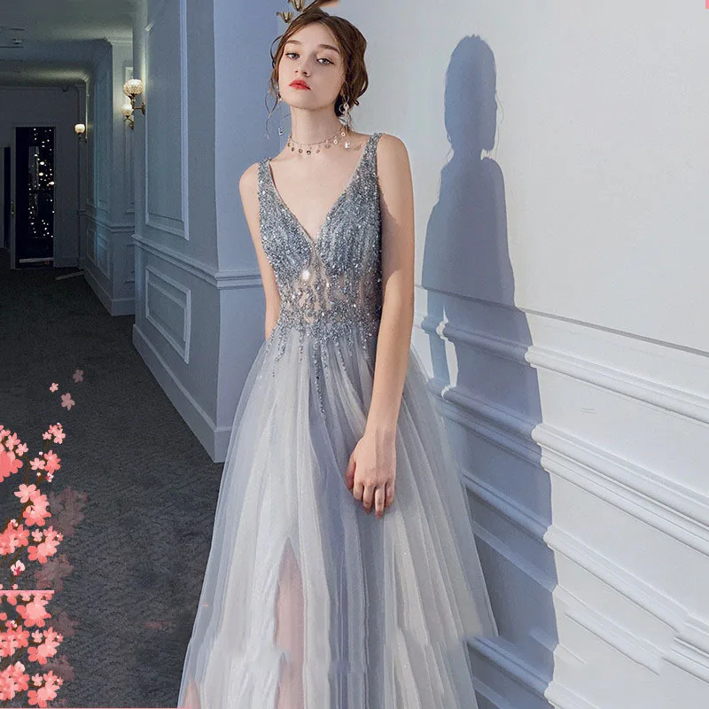 

Silver-gray Beaded Evening Dress Host Starry Tail Tail Model Catwalk Sexy 18-year-old Adult Annual Party Evening Dress