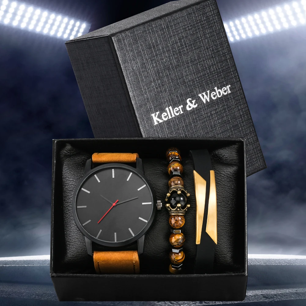 

Men Watch Luxury Business Fashion Quartz Clock Leather band Wristwatch Paper Gift Box Watch Bracelet Set Relogio Masculino