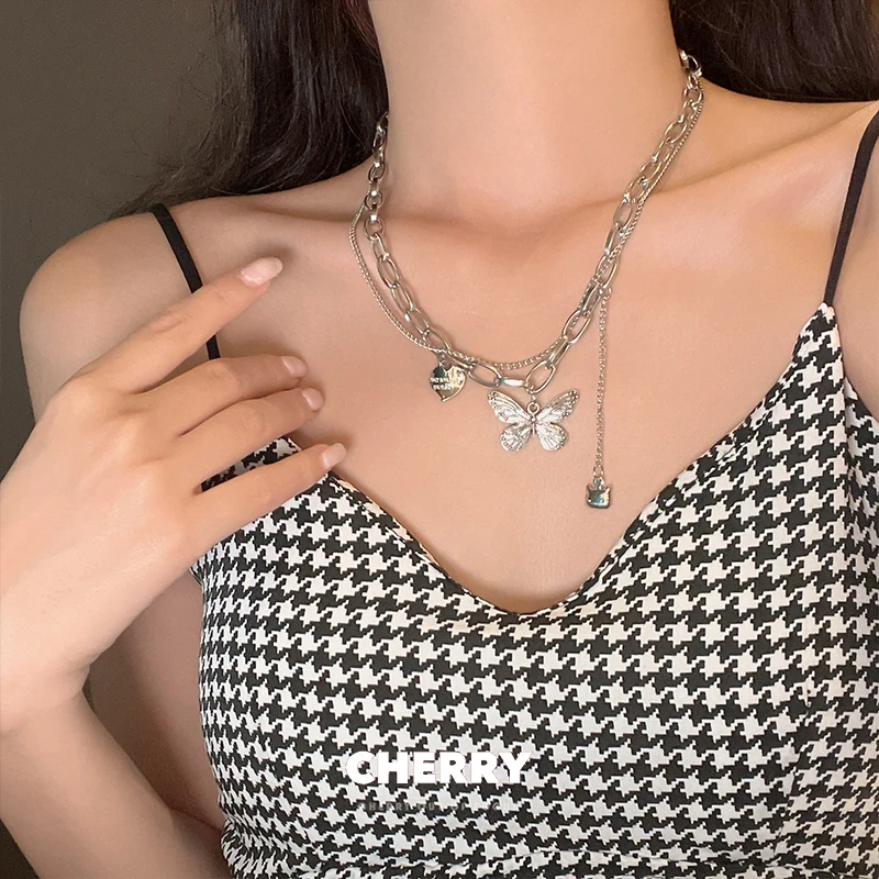

Titanium Steel Cat Butterfly Long Layered Necklace Colorfast Collarbone Chain Hip Hop Accessories Vintage Kpop Jewelry Woman