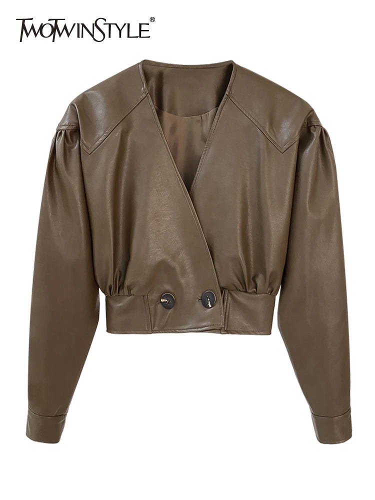 

Женская Повседневная куртка TWOTWINSTYLE, черная однотонная куртка из искусственной кожи с v-образным вырезом и длинными рукавами-фонариками, осенняя одежда, новинка 2022