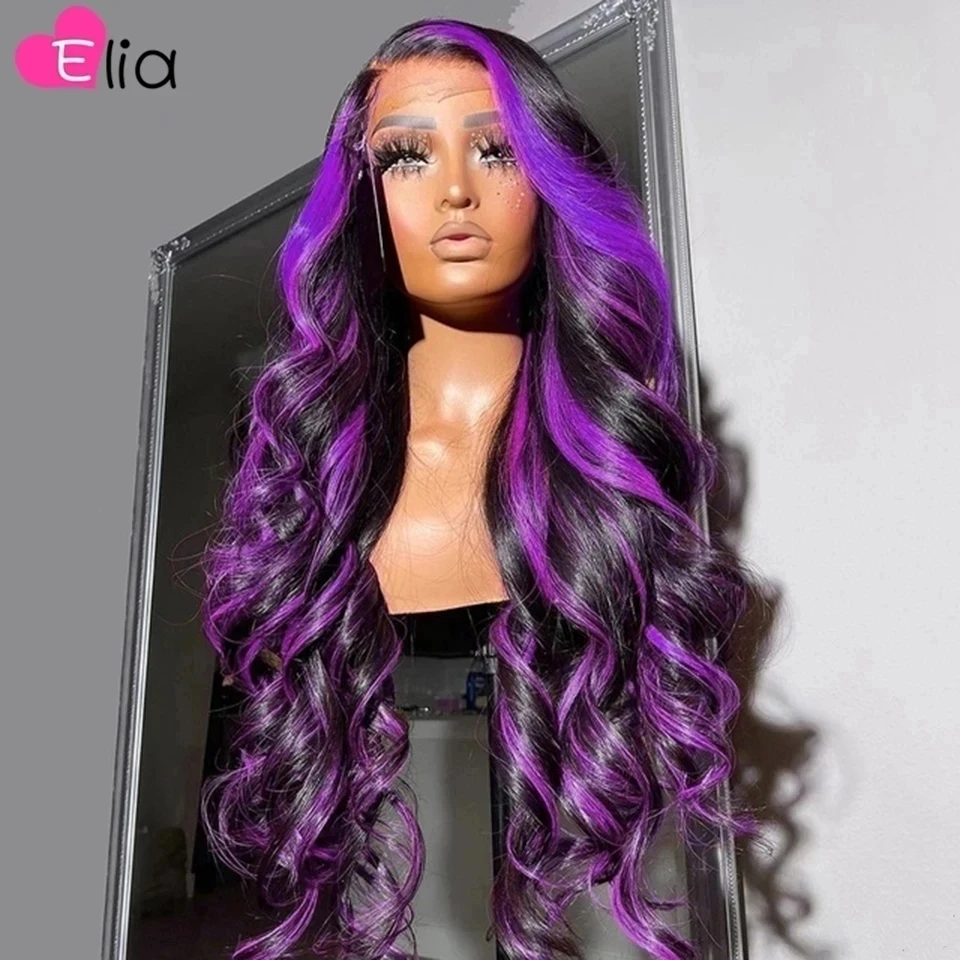 13x6 Transparent Lace Front Wig Human Hair Highlight Purple Green Body Wave Closure Wig 4x4 5x5 Preplucked Free Shipping 2022