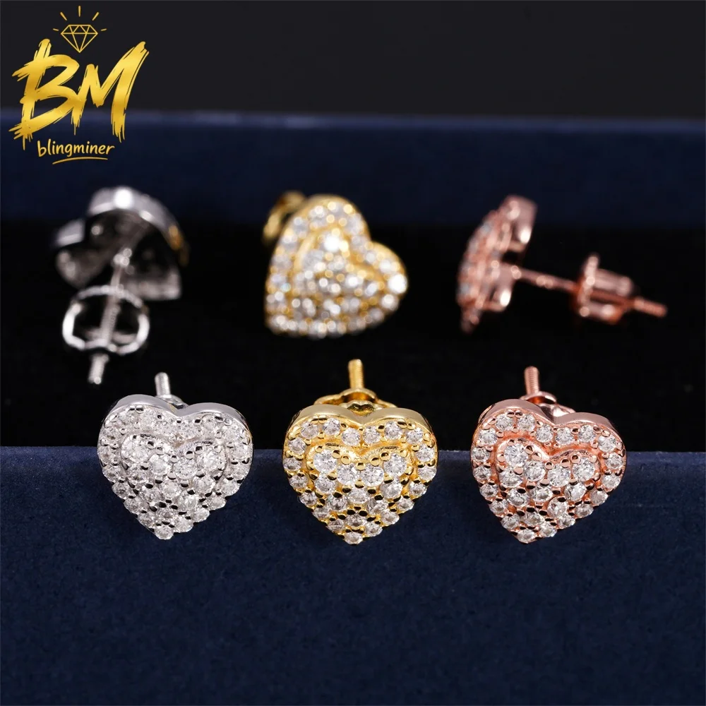 Фото Серьги Blingminer Heart Design VVS Moissanite для мужчин и женщин, серебряные серьги-гвоздики S925, прошедшие проверку на алмазы, GRA, бесплатная доставка №4